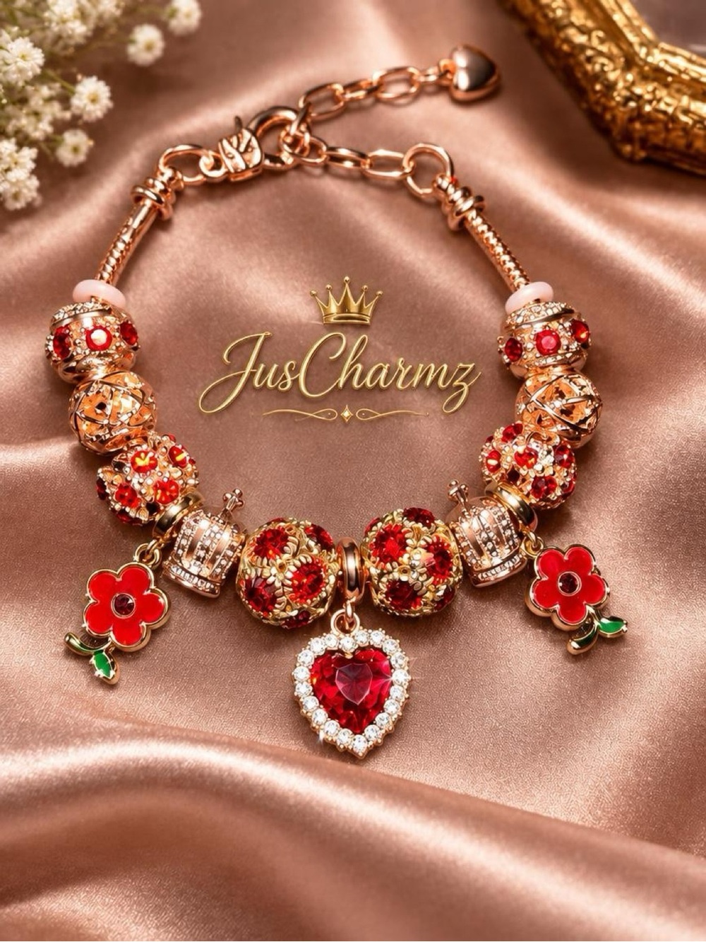 Rose Gold Red Heart & Floral Charm Bracelet